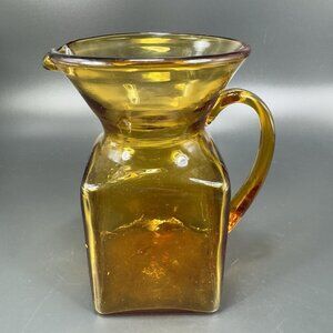 Mid Century Hand Blown Art Glass Pitcher Jug Carafe Amber With Handle Hand Made